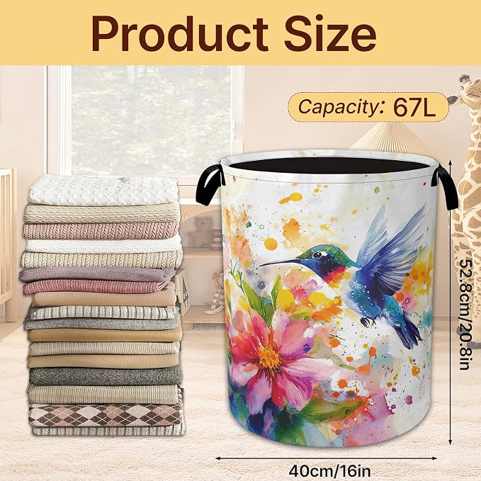 Hummingbird Laundry Basket Collapsible with Handles,Watercolor Flower Waterproof Oxford Cloth Hamper,16 x 20.8 Inch Storage Organizer for Bathroom Bedroom Dorm