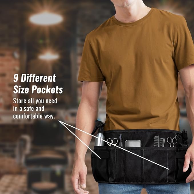Under NY Sky Salon Waist Apron, 9 Pockets, 3 Loops, Hair Cut Belt, Black | Oxford Canvas Resists Liquids, Chemicals, Dye. Holster for Shears, Brush, Trimmer. For Hair Stylists, Makeup Artists, Barbers