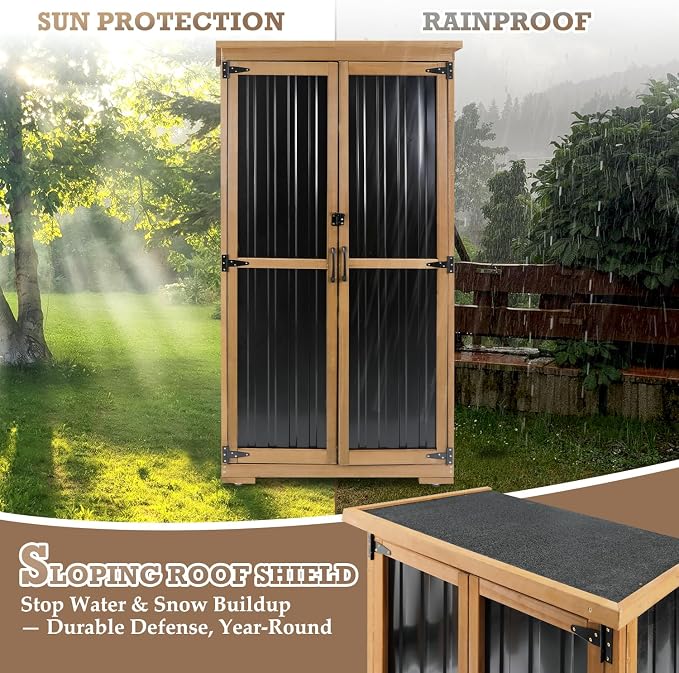 Outdoor Storage Cabinet with Shelves, Weatherproof Stylish Shed for Patio | Adjustable Shelf for Flexible Storage, Lockable Doors for Security, Raised Base, Wood & Metal, Fits Backyard, Garage & Garden