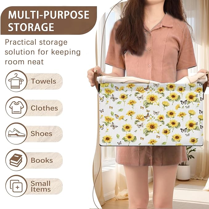 Foldable Collapsible Storage Bin with Sunflower & Butterfly Design - 17x11.5x10.5 Inch Organizer Basket for Home Decor, Closet, Seasonal Storage - Single Pack No Lid Space-Saving