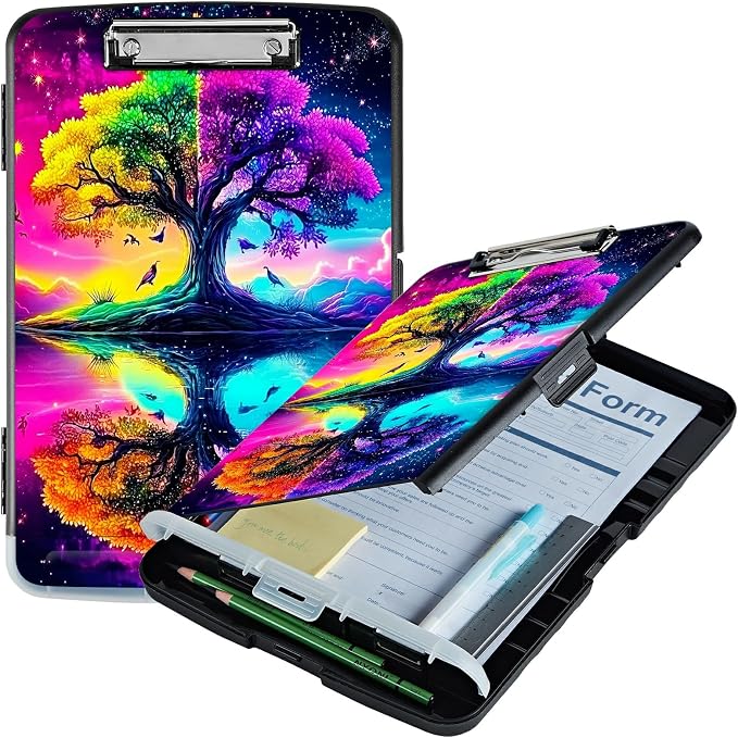 A4 Clipboard with Storage Pen Holder, Clipboards Organizer Nursing Clipboard Foldable File Folder Plastic Clipboard Folio Clip Board for Office Work Classroom Doctor, Purple Green Tree