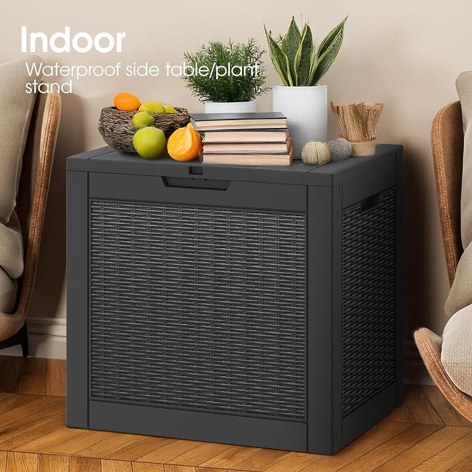 30 Gallon Outdoor Storage Box, Resin Deck Boxes Indoor and outdoor, Waterproof Storage Box Lockable Lid for Garden Tools, Package Delivery, Pool Supplies, Patio Cushions, Black