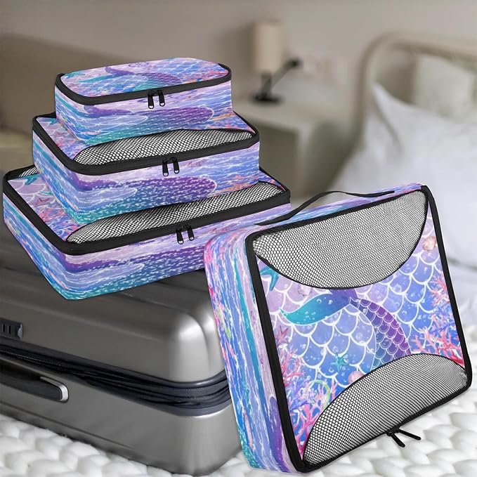 Mermaid Fish Scale Packing Cubes for Travel, Luggage Packing Organizers, Fishtail Travel Accessories Large Toiletries Bag for Clothes Shoes Cosmetics Toiletries
