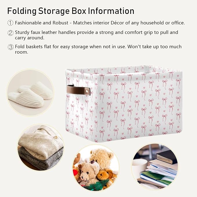 Wamika Pink Ribbon Bow Storage Basket with Waterproof Liner and PU Handles White Bow Tie Cute Storage Bins Boxes 14.2" Collapsible Decorative Organizer Baskets for Bedroom Closet Office 1 Pack