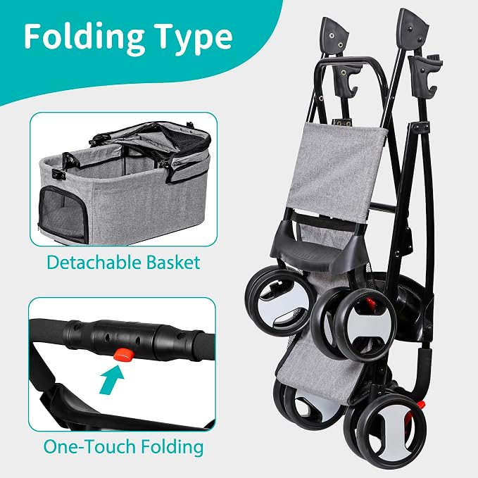 4 Wheels Foldable Pet Dog Cat Jogger Stroller Travel Carrier Strolling Cart w/Waterproof Cover Storage Basket Cup Holder & Detachable Carrier for Medium Small Cat Dog, Grey