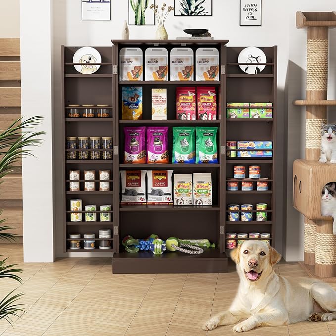 Saudism 47" Dog Food Storage Cabinet with Adjustable Shelves, Gray | Freestanding Pet Storage Container Organizer for Living Room and Dinning Room