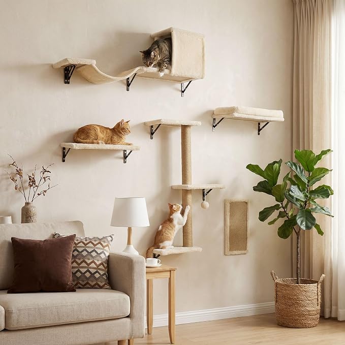 MEWANG 5-in-1 Cat Wall Shelves: Cat Climbing Furniture with Wall Mounted Perch & Lounge for Indoor Cats, Space-Saving Wall Pet Shelves for Play & Rest - Beige