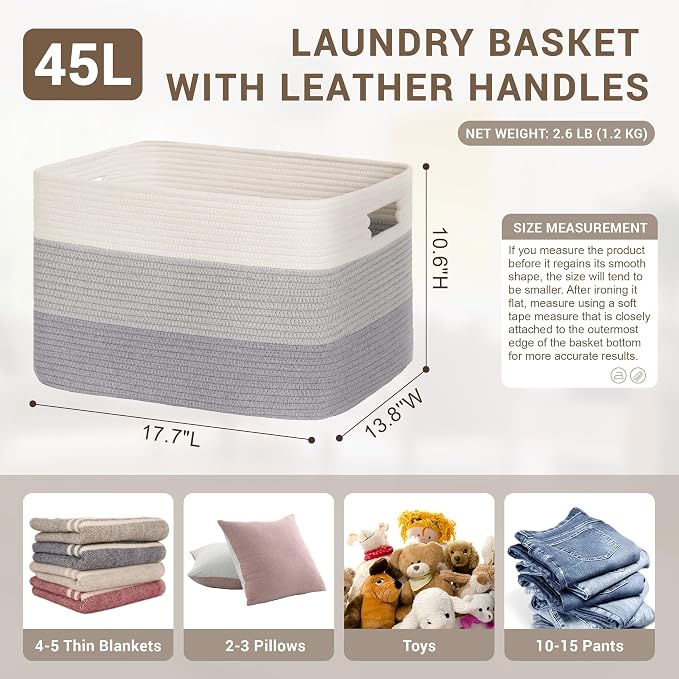 45L Small Woven Laundry Basket Hamper with Handles, Gradient Grey | collapsible wicker hamper, storage for dirty clothes, toys, blankets, gifts, living room, bedroom, bathroom, 18"x14"x11"