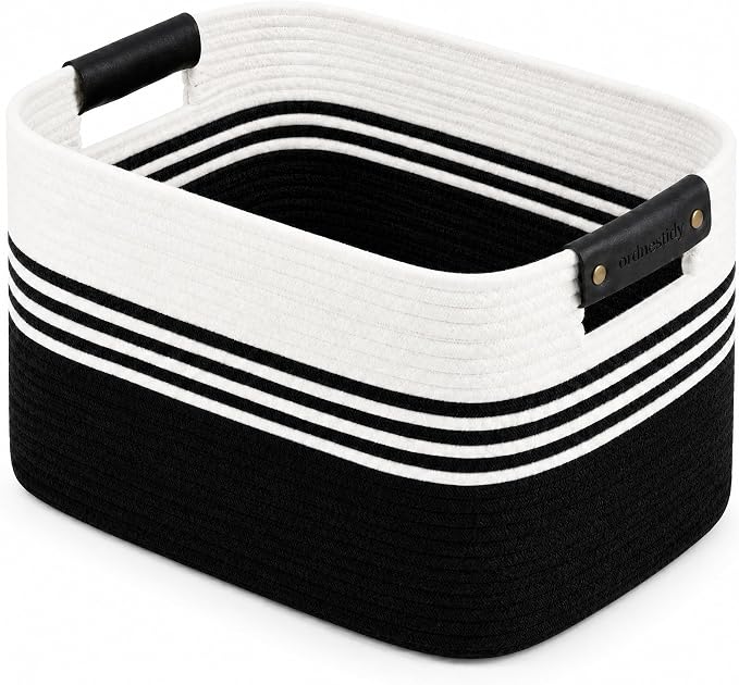 Cotton Rope Laundry Basket Small, 12.8GAL Collapsible Woven Storage Baskets for Living Room Kids Toys Stuffed Animal,Boho Rectangular Decorative Short Hamper for Dirty Clothes, Blankets White Black