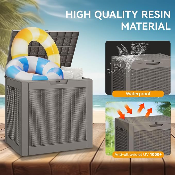 31 Gallon Outdoor Storage Box, Resin Deck Boxes Indoor and outdoor, Waterproof Storage Box Lockable Lid for Garden Tools, Package Delivery, Patio Cushions, Grey