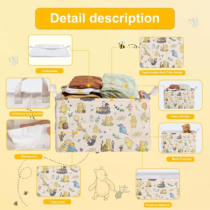 Winnie baby Stuff，Winnie Storage Nursery Basket, Large squarecanvas Laundry Hamper With A Waterproof PECoating, Foldable, Bathroom and Bedroom SetClothes ,Toys Bin, Baby Nursery HamperDecor