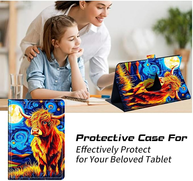 Universal Tablet Case for T-Mobile Revvl Tab 2 10.1" Model:9185W 2025/Revvl Tab 5G 10.36" 2023, 360 Degree Rotating Kickstand Protective Stand PU Leather Shell Cover for 9"-10.5", Star Cow