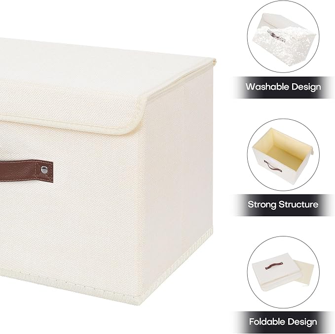 ANMINY Fabric Storage Box Bins with Lids, Beige, 13"x9"x7.9" | Keepsake Memory Storage, Cotton Linen, PP Board Reinforced, Washable, PU Handles, Foldable & Stackable, Decorative, Medium