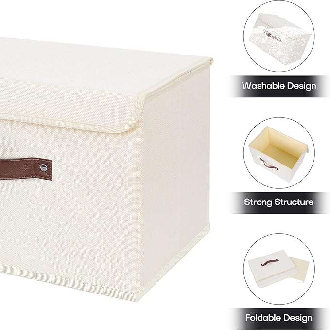 ANMINY Fabric Storage Box Bins with Lids, Beige, 13"x9"x7.9", 4 Pack | Keepsake Memory Storage, Cotton Linen, PP Board Reinforced, Washable, PU Handles, Foldable & Stackable, Decorative, Medium