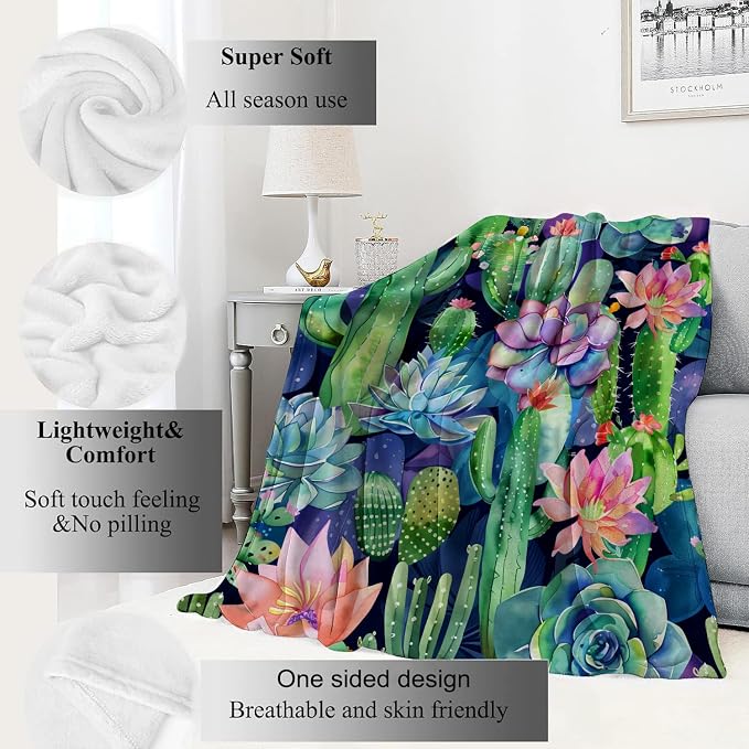 Succulent and Cactus Blanket Plant Garden Throw Blankets Gifts for Kids Adult Lightweight Soft Fleece Cozy for Sofa Couch Bed Room Birthday Boho Spring Decor 60x80in