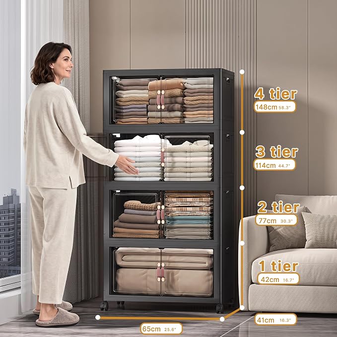 Stackable Storage Bins with Lids, 480QT Lockable Storage Cabinet | Folding Storage Box with Doors and Wheels, Collapsible Plastic Drawers for Home, Garage, Office
