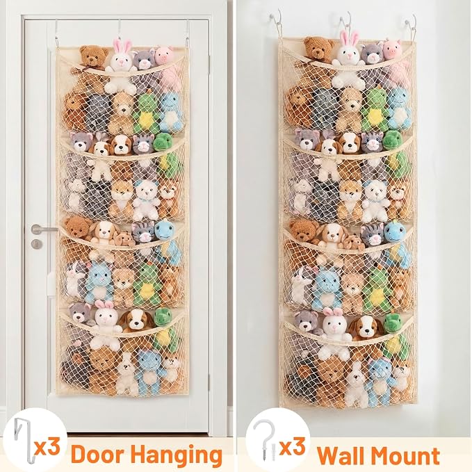 Wide Over The Door Stuffed Animal Storage, Cotton Toy Organizer for Plush Toys, Baby Supplies, Stuffed Animal Holder with 4 Large Pockets, Hanging Door Organizer for Nursery, Bedroom, Kids Room
