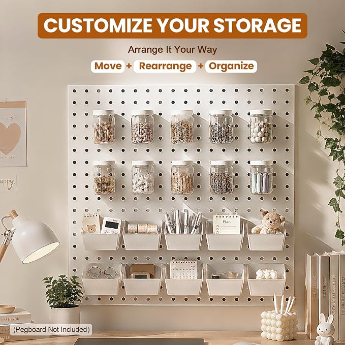 20PCS Pegboard Organizer Accessories, 10 Clear PET Jars with Lids & 10 Open ABS Bins, Fits 1/8” & 1/4” Pegboards, Wall Organizer Set for Garage, Workshop, Craft Room, Office & Home