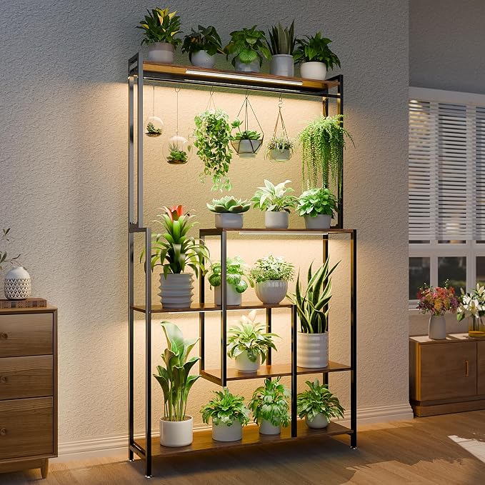 MJOMKN Large Plant Stand Indoor with Grow Light, 72" Tall, 5 Tiers | Metal Plant Shelf, 12 Pots Holder, Heavy-Duty Rectangle Display Rack, For Living Room, Patio, Corner