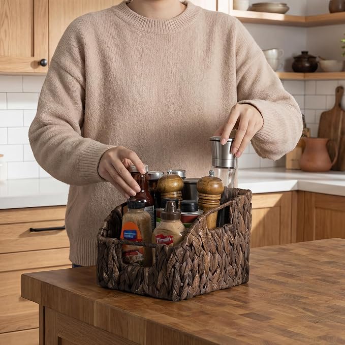 StorageWorks Pantry Baskets for Organizing, Handwoven Brown Baskets, 2-Pack | Water Hyacinth Pantry Baskets for Organizing, Wicker Baskets with Handles, Handwoven Wicker Storage Baskets for Shelves