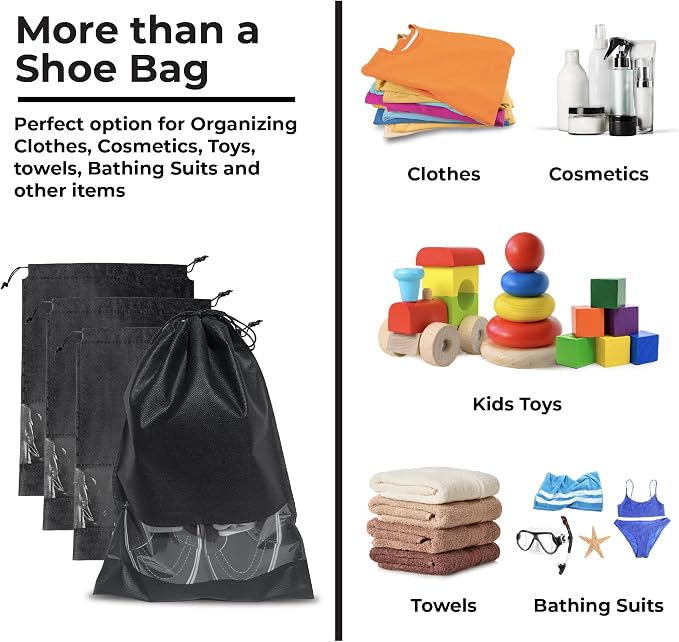 12 PCs Shoe Bags for Travel, Packing, Storage, Organizing & Suitcase. Reusable Dustproof & Water Resistant Sneakers Pouch Protectors with Clear Window & Drawstring. Laundry & Toys (Red + Blue + Black)