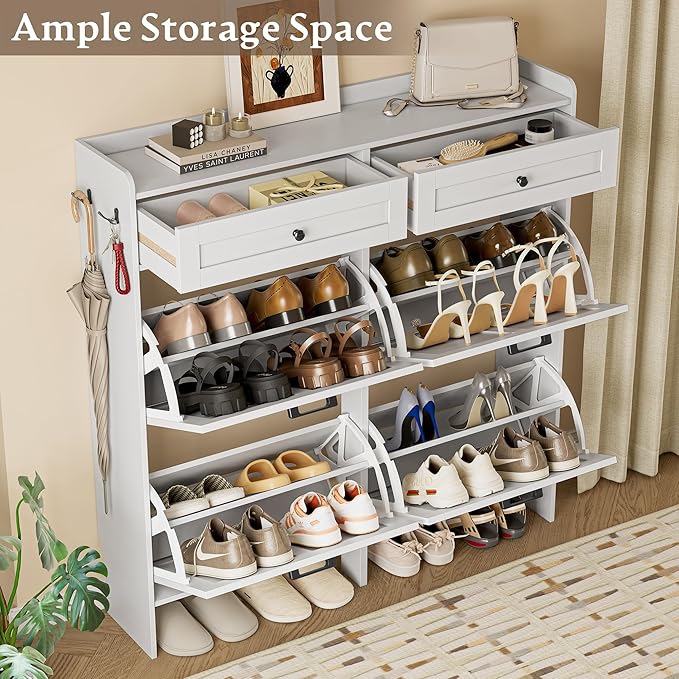 BORNOON Shoe Storage Cabinet for Entryway, Farmhouse Wide Shoe Cabinet with 4 Flip Drawers and 2 Top Drawers, Freestanding Organizer with Adjustable Shelves, Hooks, and Anti-Tip Kit for Hallway