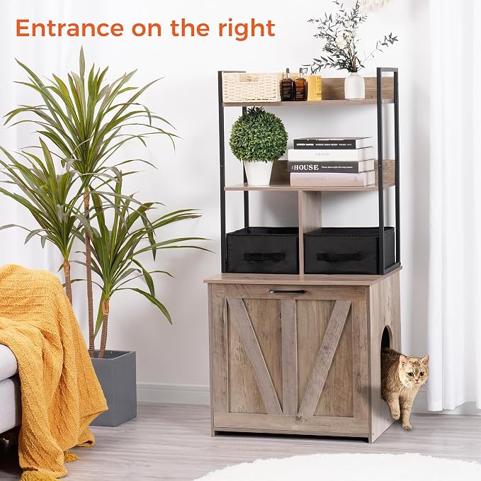 Dwanton Cat Litter Box Enclosure, 2 Storage Shelves and 2 Drawers, 50" H | 2-in-1 Hidden Cat Litter Box Enclosure Furniture with Shelf, Metal Frame, Reversible Entrance, Washable Drawers, Greige