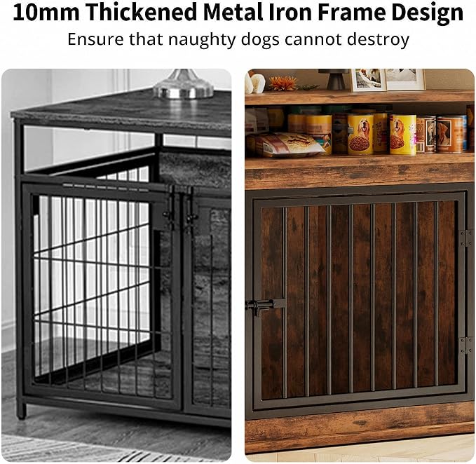 IRONCK 43.3" Corner Dog Crate Furniture with 2-Tier Shelves Rustic Brown | 10mm thickened iron frame. 180 lb tabletop. 23.6"L x 43.3"W x 32"H. Space-Saving Indoor crate for small dogs