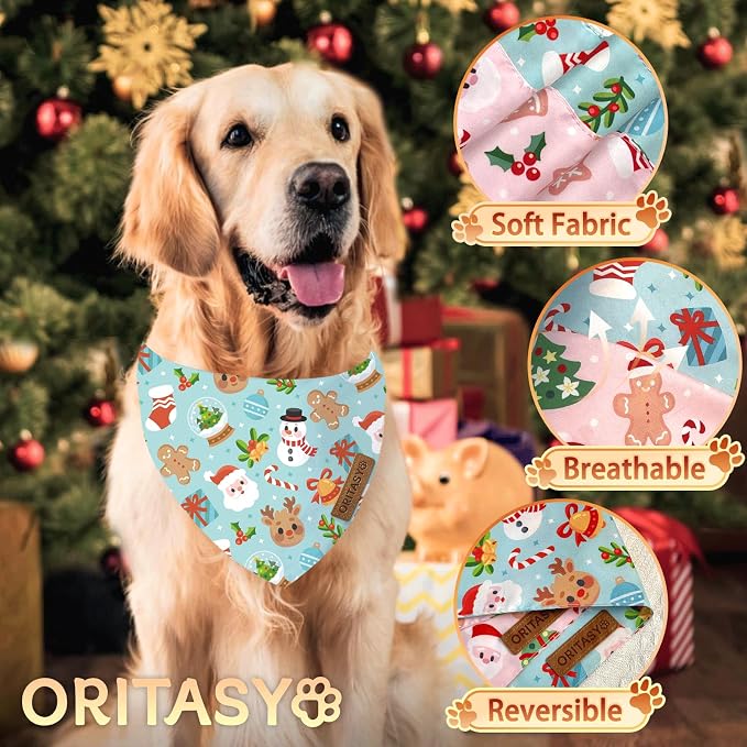 Pink Christmas Dog Bandanas, 2-Pack Triangle Reversible Snowman Gingerbread Man Pet Scarves, Premium Fabric, Santa Claus Bandana for All Boys Girls Dogs (Large, Style 1)