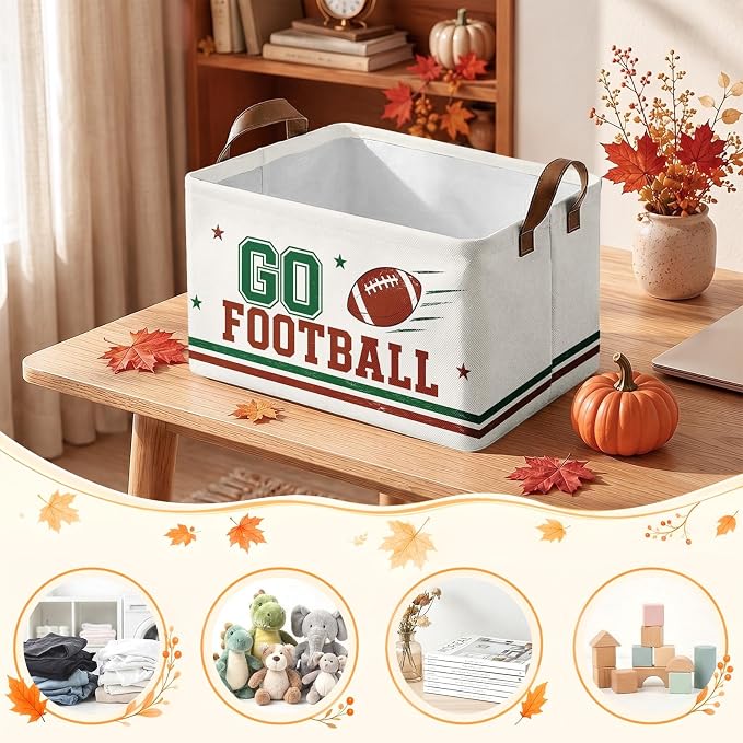 Britimes Football Storage Baskets for Gift, Toy Storage Bins Box,3Pcs Fall | Game Day Canvas Collapsible Baskets Organizer with Handles Football Nursery Decor Laundry Basket for Shelves Closet