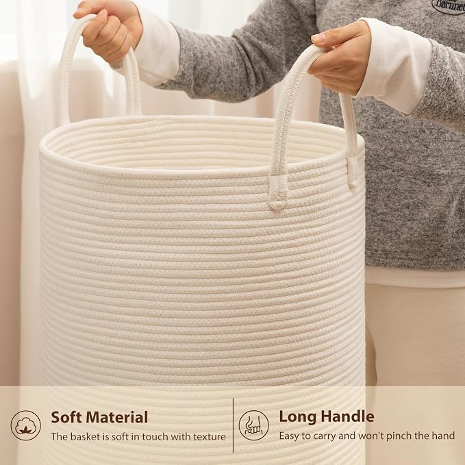 OIAHOMY 60L Nursery Hamper Laundry Basket Laundry Hamper White | collapsible Blanket Basket Cotton Rope Woven Basket Dirty Clothes Hamper Baby Hamper Tall Clothes Hamper with Handles