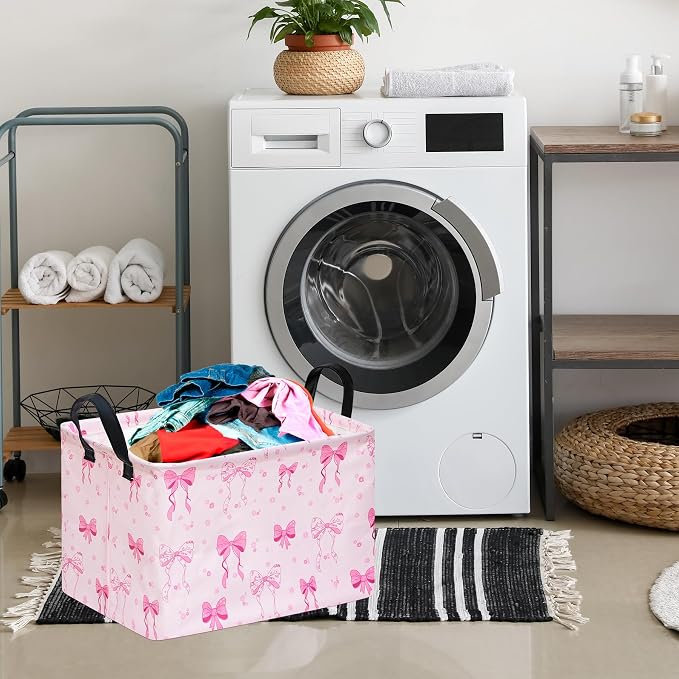 Gift Toy Storage Basket for Girls, Storage Organizer for Nursery Hamper Home Bedroom Laundry Hamper Shelf Baskets Pink Bowknot Pattern