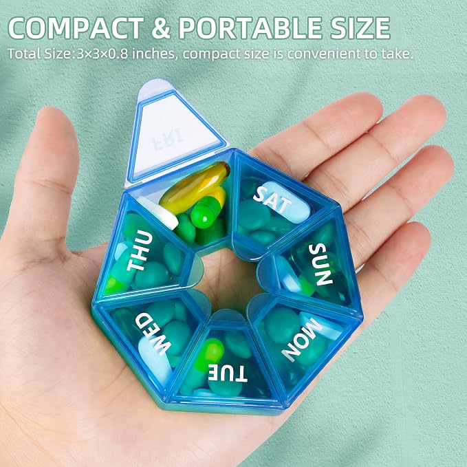 Weekly Pill Organizer, 2 Pack Portable Travel Pill Box, 7 Day Pill Case | Easy Open, BPA-Free, Arthritis Friendly Medicine Pill Container, Medicine Case for Vitamins,Supplements Medications, Blue
