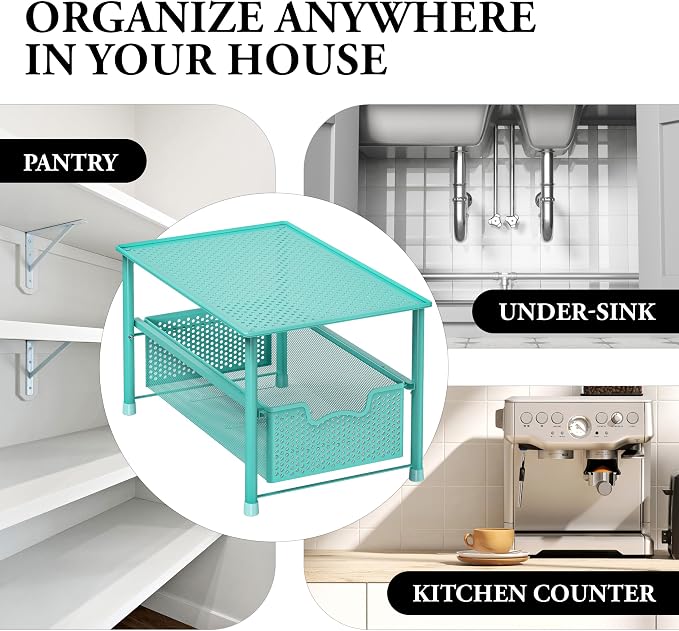 Simple Houseware Stackable Under Sink Sliding Basket Drawer, Turquoise | Perforated Free Standing Organizer, Kitchen/Pantry/Cabinet/Counter