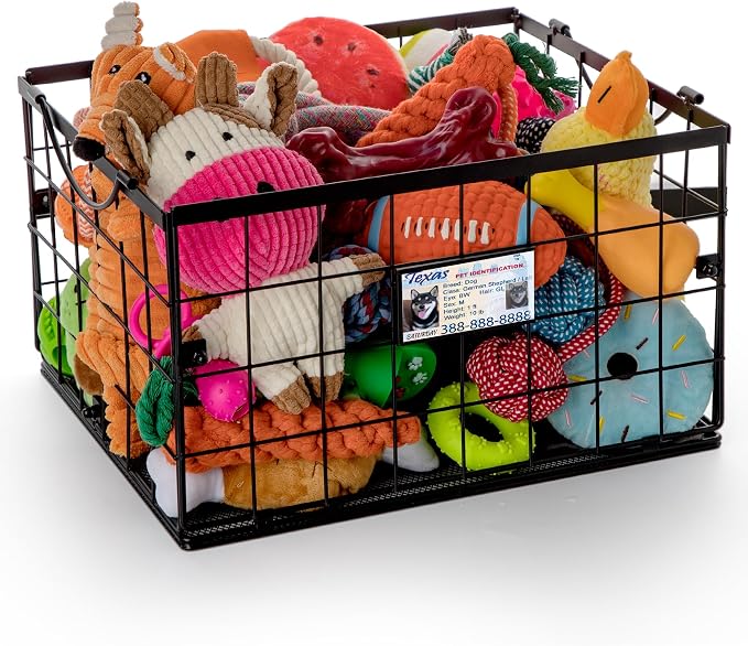 Dog Toy Basket, Dog Toy Storage Bin for Pet, Medium Toy Box for Dogs, Metal Storage Box with Handles, Toy Organizer Holder Boxes for Living Room (Black)