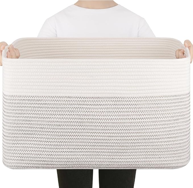 75L Large Cotton Rope Basket, Soft Toy Storage Bin for Nursery & Living Room, Decorative Blanket Basket for Bedroom, Baby-Safe Organizer for Pillows &Laundry, 22''×17''×12'', Black & White