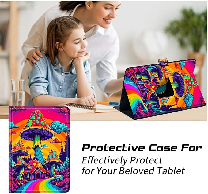 Universal Tablet Case for T-Mobile Revvl Tab 2 10.1" 2025/Revvl Tab 5G 10.36" 2023, 360 Degree Rotating Kickstand Protective Stand PU Leather Shell Cover for 9"-10.5", Rainbow Mushroom Road