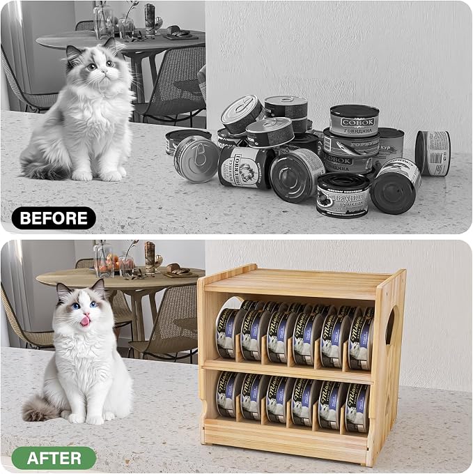 Wood Cat Can Organizer for Pantry, 2 Tier Stackable Can Storage Rack for Kitchen Counter And Cabinet Cat Food Storage Container Holds 36 (3oz) Cans FIFO Design