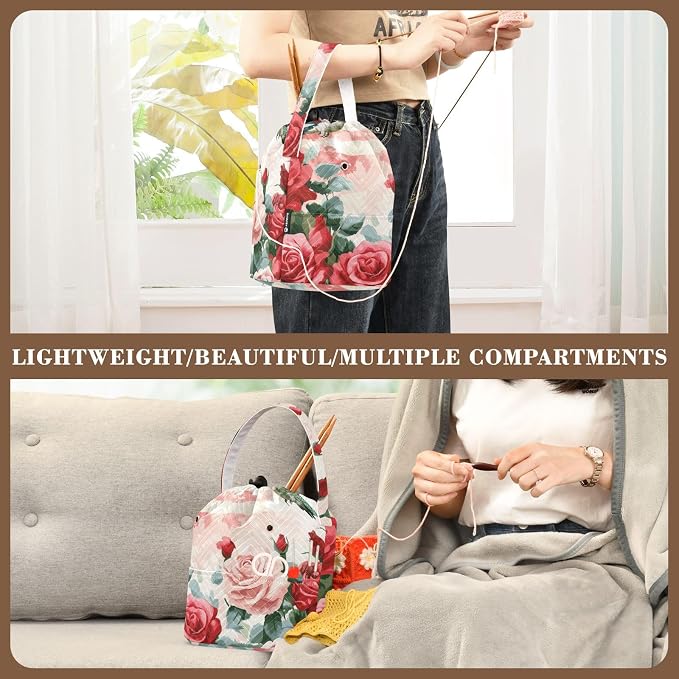 Tatenale Crochet Bag Yarn Bag Knitting Project Bag with Pockets and Handle Portable Yarn Storage Organizer Tangle Free 8.3x11 InchPatriotic Red Roses and Hummingbirds38
