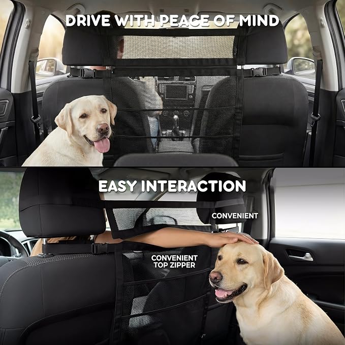 Dog Car Barrier with Mesh Organizer,Pet Safety Divider, Dog Net Easy Install for Cars & SUV,Truck(Upgraded&Heightened)