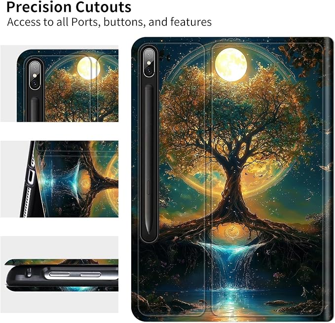 Case for Samsung Galaxy Tab S8 Plus 2022/S7 FE 2021/S7 Plus 2020 12.4" | Slim Leather Smart Cover with Multi-Angle Anti-Slip Stand [Auto Wake/Sleep] Shell for Women Men, Moon Orange Tree
