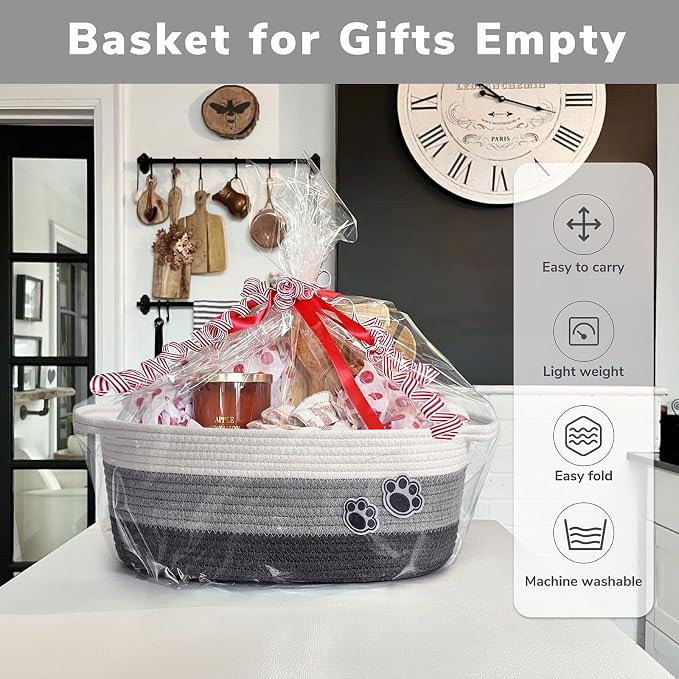 Medium Woven Rope Dog Toy Basket with Paw Print, Mixed Grey | 13.6"x 10" x 6", Cotton Rope Dog Toy Bin & Box, Gift Basket Empty With Handles, Storage Basket for living Room Bedroom