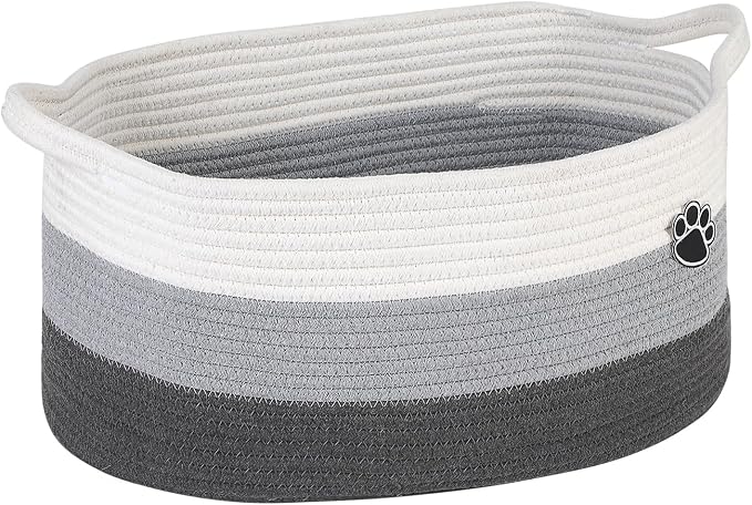 Optish 25L Dog Toy Basket,16.5" x 11" x 9" Medium Toy Storage Box and Bin with Handles, Woven Rope Foldable Basket for Blankets, Living Room, Bedroom, Home Decor, White & Grey