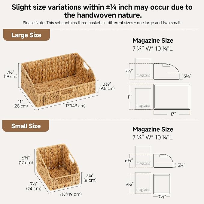 StorageWorks Water Hyacinth Basket Organizer, Pantry Storage Baskets,3-Pack | Wicker Baskets with Handles, Handwoven Shelf Baskets for Organizing, Handwoven Pantry Organizers and Storage, Pantry Baskets