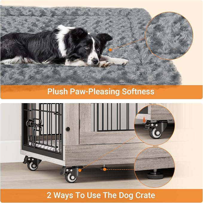 2 Pack Dog Crate Furniture, 27.1'' Heavy Duty Kennel with Cushion & Wheels | Grey, Double Doors, Wooden Dog Cage, Chew-Resistant, End Table, Decorative, 27"/32"/38"/44" Options, Indoor