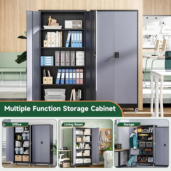 Metal Garage Storage Cabinets with Lock Door and Adjustable Shelves, Steel Tool Cabinets for Home,Office,Warehouse Organisieren (Black Grey, 75" H)