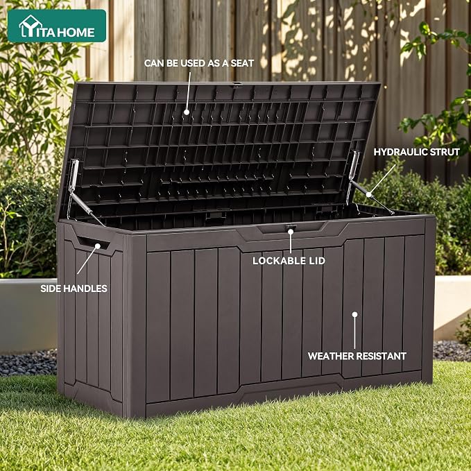 YITAHOME 80 Gallon Resin Deck Box | Weather Resistant Outdoor Storage Box, Lockable Indoor Outdoor Storage for Supplies and Essentials, Dark Brown
