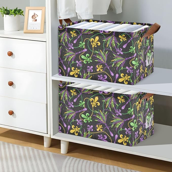Mardi Gras Fleur De Lis Beads Gold Purple Storage Basket Foldable Cube Storage Bins with Handles&Label Holiday Empty Gift Box Collapsible Organizer Bin Large Decorative Baskets for Shelves Home Room