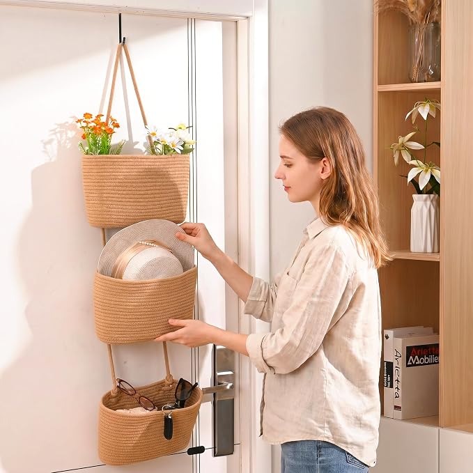 ICERZCZ Hanging Baskets for Organizing, Over the Door Decorative Storage Organizer, Nursery Decor Organization, 3-Tier Wall Basket for Entryway Playroom Bathroom Closet, Khaki