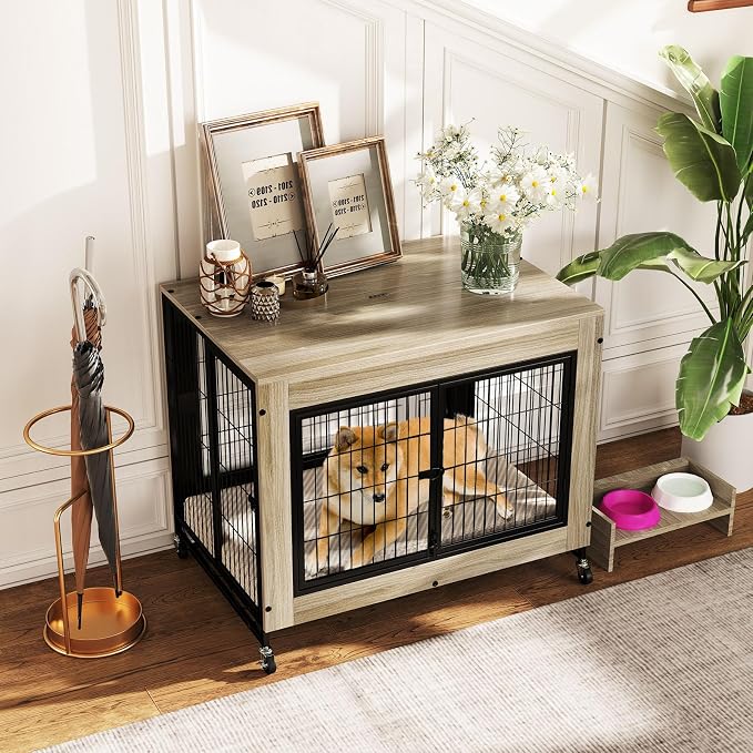 PETSITE Portable Dog Crate Furniture, 38 Inch Wooden Dog Kennel Side Table with Flip-up Top, 3 Lockable Doors and Removable Tray, Ideal for Small to Medium Dogs (Grey)